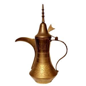 Vintage Solid‎ Brass Dallah 13.5" Tea/Coffee Pot Pitcher w/ Handle & Hinged Lid